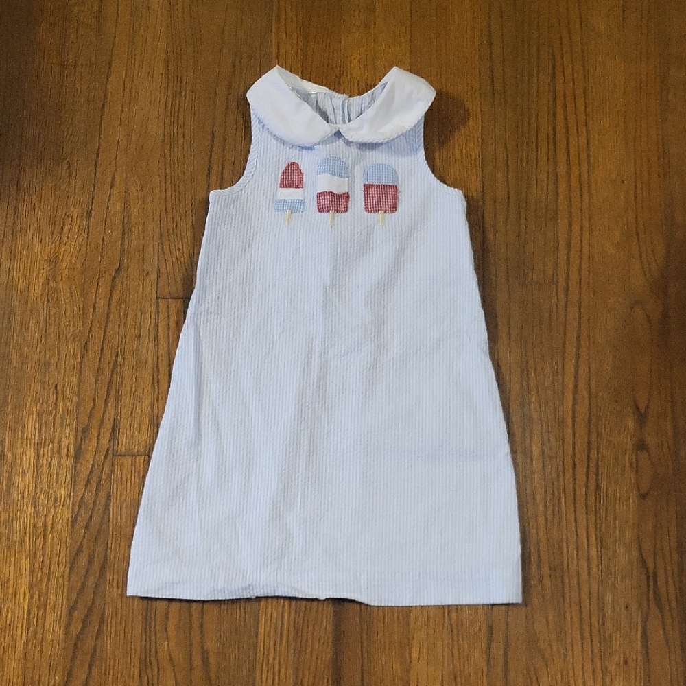 City Beautiful Children's Blue and White Kids Dress with Popsicle Embroidery